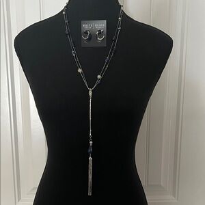 White House Black Market Navy and Silver Tassel Necklace and Earrings